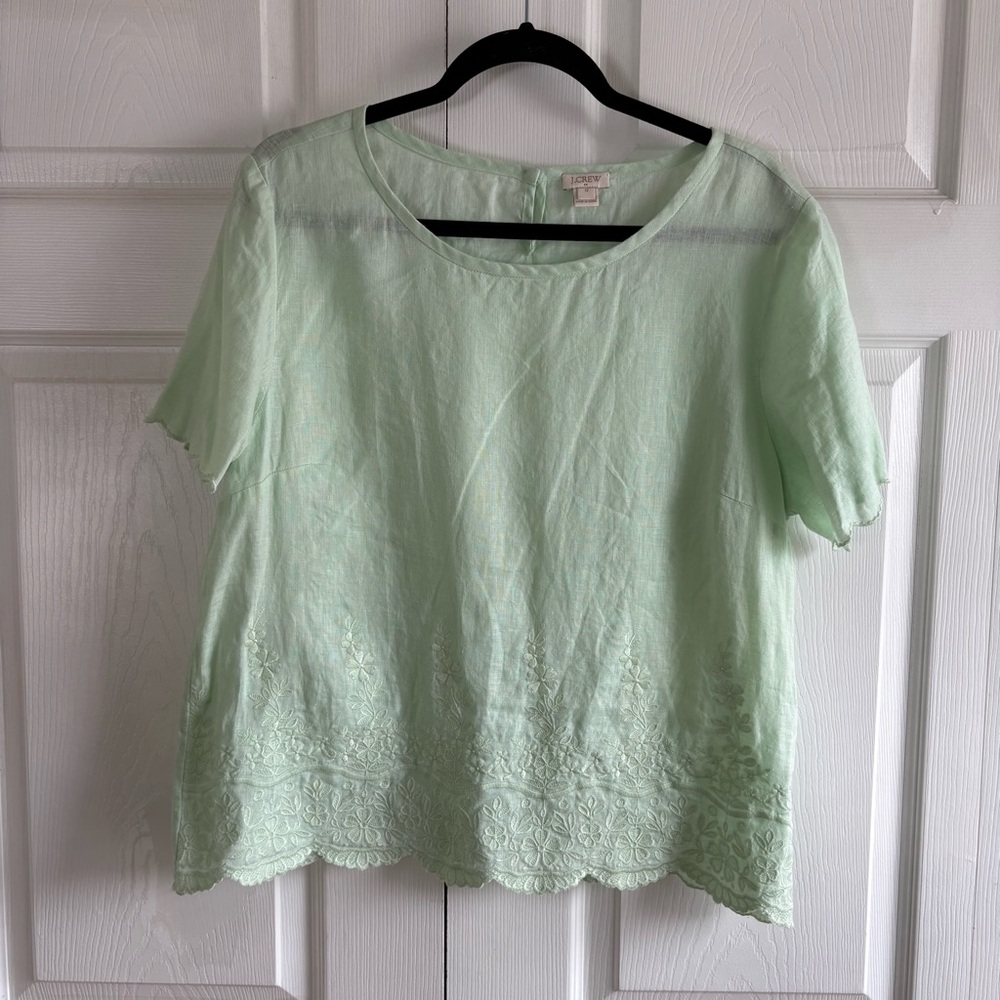 J.Crew Mint Green 100% Linen Embroidered Scallop Hem‎ Blouse 12 Career Academia